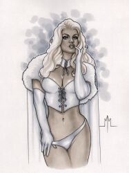 big_breasts blonde_hair blue_eyes breasts cleavage corset emma_frost hellfire_club marvel marvel_comics mmcdart navel panties pinup pulling_panties teasing white_queen x-men