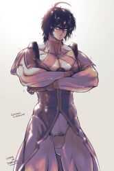 ahoge akaiwa alternate_costume angry bulge cosplay crossdressing crossed_arms happy_trail kengan_(series) kengan_ashura male male_only male_pubic_hair muscular muscular_male panties pubic_hair pubic_hair_peek restricted_palette sweat thick_thighs tokita_ohma