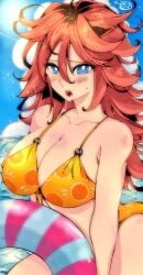 1girls android android_21 android_21_(human) arc_system_works archived_source bandai_namco beach beach_episode big_breasts bikini bikini_bottom bikini_top blue_eyes blush brown_hair dragon_ball dragon_ball_fighterz embarrassed fanart female hair_between_eyes long_hair looking_at_viewer messy_hair omochi_db orange_bikini voluptuous voluptuous_female vomi_(dragon_ball)