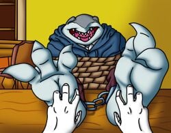 anthro bondage dc dc_comics feet foot_fetish foot_focus furry gloves harley_quinn_(series) joker kertashion_(artist) king_shark male male_only paws shark tickle tickle_fetish tickle_torture tickled tickling tickling_feet ticklish tied_hands