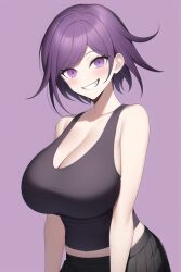 ai_generated cleavage danganronpa danganronpa_v3 evil_grin gender_transformation genderswap_(mtf) huge_breasts kokichi_ouma nai_diffusion ouma_kokichi purple_eyes purple_hair rule_63 skirt stable_diffusion tank_top