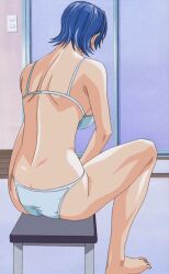 bare_legs bare_shoulders bare_thighs barefoot behind_view bra chair discipline:record_of_a_crusade feet large_breasts masturbation miyagishi_yuuki panties screencap screenshot short_blue_hair sideboob sitting_on_chair thick_legs thick_thighs underwear white_bra white_panties