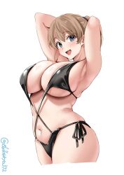 armpits arms_behind_head arms_up bikini black_bikini blue_eyes blush breasts brown_hair cleavage cowboy_shot ebifurya female highres huge_breasts intrepid_(kantai_collection) kantai_collection light_brown_hair looking_at_viewer navel one-hour_drawing_challenge open_mouth ponytail short_hair side-tie_bikini_bottom simple_background smile solo stomach swimsuit twitter_username white_background