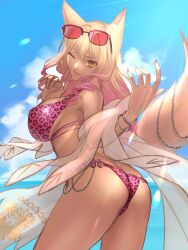 1girls ass beach big_ass big_breasts bikini bikini_bottom bikini_top fate/grand_order fate_(series) female fox_ears fox_girl fox_humanoid fox_tail kemonomimi looking_at_viewer looking_back ri-ko sideboob solo suzuka_gozen_(fate) suzuka_gozen_(swimsuit_rider)_(fate) swimsuit tagme tan_body wink yellow_eyes