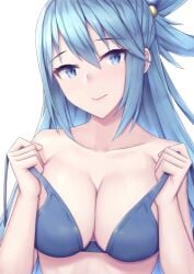 absurdres aqua_(konosuba) bikini blue_bikini blue_eyes blue_hair breasts cleavage closed_mouth commentary female highres kono_subarashii_sekai_ni_shukufuku_wo! large_breasts long_hair ohguro_mariya sidelocks simple_background smile solo swimsuit upper_body white_background