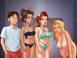 1boy 2d 3girls areolae beach becca_(summertime_saga) belly_piercing big_breasts bikini bikini_bottom bikini_top blonde_hair blue_eyes bottomwear bra braid braided_hair braided_ponytail breasts brown_eyes brown_hair brown_hair cameltoe changing_room cleavage clothed clothing darkcookie digital_drawing_(artwork) digital_media_(artwork) ear_piercing earrings female flower flower_in_hair freckles freckles_on_breasts freckles_on_chest freckles_on_face green_eyes huge_breasts light-skinned_female light-skinned_male light_skin long_hair looking_at_another looking_at_partner looking_down main_character_(summertime_saga) male male/female missy_(summertime_saga) nipples nipples_visible_through_clothing pale-skinned_female pale_skin panties petite petite_body piercing piercings ponytail pussy_lips red_hair roxxy_(summertime_saga) shirt shorts slim_waist small_breasts smile smiling standing summertime_saga tanline tanlines teenage_girl teenager thick_thighs topless topwear undressing