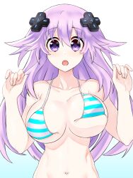 adult_neptune arms_up barely_clothed big_breasts bra d-pad_hair_ornament front_view light-skinned_female long_hair looking_at_viewer neptunia_(series) open_mouth purple_eyes purple_hair solo surprised torn_clothes zatsu