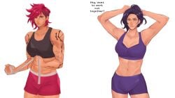 2girls abs arcane arcane_caitlyn arcane_vi bandage blue_hair caitlyn_kiramman comic dialogue face_markings gym gym_shorts gym_uniform inviting league_of_legends lesbeanlatte long_hair medium_breasts muscular_female pink_hair riot_games sapphyxiate shaved_side short_hair six_pack sports_bra tattoo tied_hair vi workout yuri