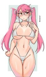 1girls big_breasts bikini blush child_bearing_hips cowboy_shot curvy female front_view g-string glasses highschool_of_the_dead human kuromaruart navel nervous pink_hair saya_takagi shy solo standing tagme teenager thick_thighs thong twintails underboob very_long_hair wide_hips