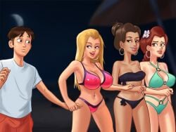 1boy 2d 3girls beach beach_umbrella becca_(summertime_saga) belly_piercing big_breasts bikini bikini_bottom bikini_top blonde_hair blue_eyes bottomwear bra braid braided_hair braided_ponytail breasts brown_eyes brown_hair brown_hair cameltoe cleavage clothed clothing darkcookie digital_drawing_(artwork) digital_media_(artwork) ear_piercing earrings female flower flower_in_hair freckles freckles_on_breasts freckles_on_chest freckles_on_face green_eyes holding_hand holding_hands huge_breasts light-skinned_female light-skinned_male light_skin long_hair looking_at_another looking_at_partner looking_back main_character_(summertime_saga) male male/female missy_(summertime_saga) nervous nervous_smile night night_sky nipples nipples_visible_through_clothing pale-skinned_female pale_skin panties petite petite_body piercing piercings ponytail pussy_lips red_hair roxxy_(summertime_saga) shirt shorts sky slim_waist small_breasts smile smiling standing summertime_saga tanline tanlines teenage_girl teenager thick_thighs topwear