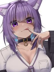 1girls catgirl collar finger_on_tongue hololive hololive_gamers hololive_japan leash looking_at_viewer micon nekomata_okayu purple_eyes purple_hair purple_tie steam tagme tongue_out unbuttoned virtual_youtuber