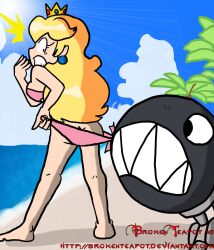 1girls 1other 2010 2010s ass assisted_exposure barefoot beach bikini bikini_pull blonde_hair breasts brokenteapot chain_chomp coppertone female female_focus holding_on long_hair mario_(series) nintendo ocean outdoors palm_tree pink_bikini princess_peach sky standing swimsuit tree