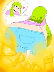 2021 ass_cleavage bbw bending_over big_ass biting_own_lip butt_crack clothed dimples_of_venus fart fart_cloud fart_fetish green_hair heart huge_ass jean_shorts jeans natalie natalie(nataliebum25) nataliebum25 pink_shirt pleasure_face splatoon splatoon_(series) splatoon_2 white_background wide_hips yellow_eyes