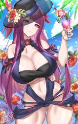 1girls absurdres alternate_costume ass_visible_through_thighs bandeau bare_shoulders black_headwear blue_one-piece_swimsuit blue_sky blue_swimsuit breasts cleavage cloud commentary cowboy_shot cup day drinking_glass female female female_only fire_emblem fire_emblem_engage fire_emblem_heroes flower hand_up hat hat_flower head_tilt hibiscus highres holding holding_cup huge_breasts ivy_(fire_emblem) ivy_(summer)_(fire_emblem) long_hair looking_at_viewer mole mole_under_mouth navel nez-box nintendo official_alternate_costume one-piece_swimsuit orange_flower pink_flower purple_eyes purple_hair red_flower sky smile solo standing stomach swimsuit thighs very_long_hair