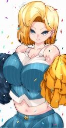 1girls android android_18 artist_signature bare_shoulders belly_button big_breasts blonde_hair cheerleader cheerleader_uniform dragon_ball dragon_ball_z female light-skinned_female light_skin looking_at_viewer omochi_db pom_pom_(cheerleading) pom_poms short_hair shounen_jump smile smiling_at_viewer voluptuous voluptuous_female