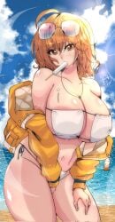 anis_(nikke) anis_(sparkling_summer)_(nikke) beach beach_episode belly_button bikini bikini_bottom bikini_top brown_eyes brown_hair eyepatch_bikini female goddess_of_victory:_nikke horny ice_cream jacket looking_at_viewer necklace official_alternate_costume omochi_db short_hair sunglasses sunglasses_on_head voluptuous voluptuous_female wet_body white_bikini