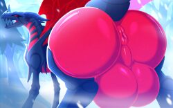 absurd_res anus ass balls big_balls big_butt digital_media_(artwork) dragon durin_(genshin_impact) feral gaiki genitals hi_res huge_balls huge_butt hyper hyper_balls hyper_genitalia looking_back male nude open_mouth puffy_anus solo tail wide_hips wings