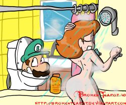 1boy 1girls 2010 2010s ass bathroom breasts brokenteapot closed_eyes female indoors luigi male mario_(series) nintendo nude peeping princess_daisy shower standing toilet wet