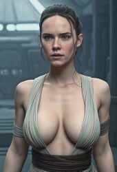 actress ai_generated big_breasts blue_eyes breasts brown_hair brunette busty celebrity cybergirl01 daisy_ridley jedi large_breasts lucasfilm plunging_neckline real_person realistic revealing_clothes rey skimpy solo star_wars