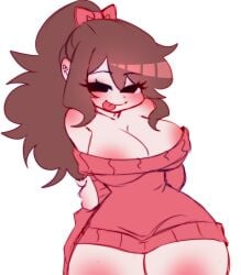 :p bow breasts brown_hair curvy curvy_body curvy_female curvy_figure fnf friday_night_funkin friday_night_funkin_mod friday_night_funkin_soft girlfriend_(friday_night_funkin) nnenyov pink_bow pink_sweater plump plump_breasts plump_thighs ponytail red_sweater revealing_clothes soft_gf soft_mod tagme thighs white_background