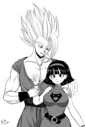 beast beast_mode couple dragon_ball_super_super_hero gohan_beast holding_partner husband_and_wife large_breasts looking_at_each_other muscular muscular_male red_eyes scared scared_expression scared_face smirk son_gohan spiky_hair sweat sweatdrop videl videl_(dragon_ball_super) white_hair