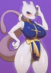 adorable anthro big_breasts blush breasts clothed clothing curvy_figure cute cute_face female female_only generation_1_pokemon hi_res huge_breasts legendary_pokemon martial_arts_style_mewtwo mewtwo nintendo nipple_outline pattern_background pokemon pokemon_(species) pokemon_unite purple_background purple_eyes simple_background small_waist solo solo_female thick_thighs wide_hips yawar