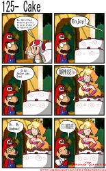 1girls 2010 2010s 2boys brokenteapot cake chocolate_cake clothing comic dialogue elbow_gloves english_text female food gloves indoors male mario mario_(series) multiple_boys pink_bra pink_gloves pop_out_cake princess_peach speech_bubble tagme text toad_(mario) underwear