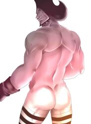 1boy ass bara blue_eyes blush charlotte_oven gloves kneehighs male male_only muscles muscular muscular_male one_piece round_ass sole_male