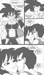 1boy 2girls bardock black_and_white dragon_ball dragon_ball_super dragon_ball_z fully_clothed funsexydragonball gine licking milf monochrome mother seripa yuri