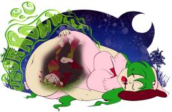 1boy 1girls belly belly_bulge big_belly big_belly_bulge big_breasts breasts chubby chubby_female digestion digestion_noises female_pred green_hair kazami_yuuka light-skinned_female light_skin long_hair male_prey oral_vore original_character sleeping sleeping_pred soft_vore squirming squirming_gut story_at_source struggling struggling_prey topmostzozzle touhou touhou_(pc-98) touhou_project unwilling_prey vore vore_belly willing_pred yuka_kazami