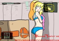 ! 2000s 2009 ass blonde blonde_female blonde_hair blonde_hair_female blue_bra blue_panties blue_underwear blush blush_lines blushing box bra brokenteapot euf exclamation_point eyes_open female female_focus hiding hiding_object locker_room long_hair looking_back metal_gear_solid metroid nintendo panties peeping ponytail samus_aran secret solid_snake sweat sweatdrop sweating sweaty towel turn_around turning_around turning_head underwear