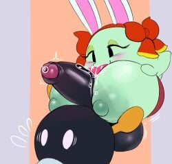 1boy 1girls assertive_female ball_with_hyper_features big_breasts black_body blush bob-omb boo_(mario) bow breasts bunny_ears dizzytizzy eyelashes fake_animal_ears female foreskin ghost ghost_girl green_body half-closed_eyes lady_bow licking licking_penis male mario_(series) motion_lines nintendo nipples paizuri paper_mario penis precum precum_bubble precum_drip puffy_nipples ribbon saliva shortstack small_but_hung tongue waddling_head