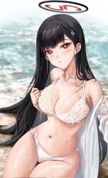 bikini black_hair blue_archive halo hamidasu large_breasts lingerie long_hair millennium_science_school_student red_eyes rio_(blue_archive) seminar_(blue_archive) spherical_breasts tagme tagme_(artist) wet_shirt wet_skin white_pupils white_shirt