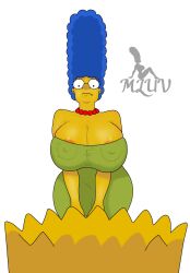 bart_simpson big_breasts cleavage_overflow huge_breasts marge_simpson milf mluv mother_and_son necklace nipple_bulge nipple_slip nipples_visible_through_clothing the_simpsons viewed_from_below voluptuous white_background yellow_body