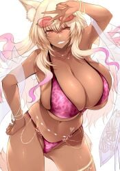 1girls bikini blonde_hair breasts brown_skin fate/grand_order fate_(series) female fox_ears fox_girl gyaru hi_res huge_breasts kitsune leopard_print leopard_print_bikini long_hair pink_bikini suzuka_gozen_(fate) suzuka_gozen_(swimsuit_rider)_(fate) tan tan-skinned_female tanned_skin tsukasawa_takamatsu