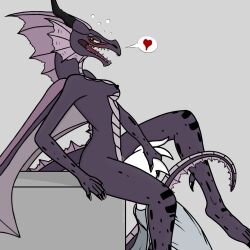 1:1 anthro belly blush breasts claws digital_media_(artwork) dragon duo embarrassed_nude_anthro female frill_(anatomy) frill_(disambiguation) hair heart horn human judy_anon male mammal membrane_(anatomy) membranous_frill membranous_wings nipples nude oral oral_only scales scalie tail wings