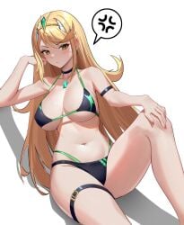 angry bikini hand_on_ankle hand_on_head large_breasts mythra northman sitting solo spoken_anger_vein swimsuit thigh_strap xenoblade_(series) xenoblade_chronicles_2