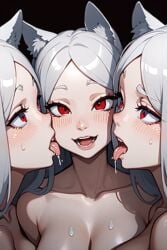 3girls ai_generated cerberus_(helltaker) demon dog_ears female female_only helltaker red_eyes selfcest tagme white_hair yuri