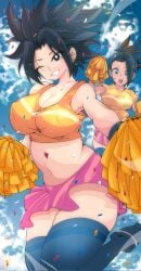 1girl 2girls belly_button big_breasts black_eyes black_hair blue_eyes bodysuit caulifla cheerleader cheerleader_uniform dragon_ball dragon_ball_super ear_ring excited excited_for_sex exhibitionism female_focus female_pervert female_pov female_pubic_hair female_sub femdom gold_jewelry kale messy omochi_db perky_breasts pervert pink_skirt pom_pom_(cheerleading) pom_poms ponytail prostitute prostitution provocative pussy saiyan sex_invitation sexually_suggestive skirt smiling smiling_at_viewer solo submission thighhighs thighs voluptuous voluptuous_female wink