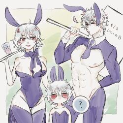 1girls 2boys ? alternate_costume bunny_boy bunny_ears bunny_girl bunnysuit canon_genderswap cleavage convenient_censoring female genderswap_(mtf) ginko_sakata gintama gintoki_sakata hourglass_figure kuo_pome looking_at_viewer male male_playboy_bunny multiple_persona neck_ribbon pale-skinned_female pale-skinned_male pale_skin playboy_bunny reverse_bunnysuit rule_63 short_hair smile white_hair wink