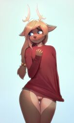 anthro antlers blonde_hair blue_eyes blush bodily_fluids bottomless bottomless_anthro bottomless_female brown_body brown_fur butt_from_the_front capreoline clothed clothing colored deer digital_drawing_(artwork) digital_media_(artwork) female fingers front_view fur furry furry_female furry_only genital_fluids genitals hair hi_res horn innie_pussy long_hair long_sleeves mammal partially_clothed portrait pussy pussy_juice red_clothing red_topwear reindeer simple_background solo standing thigh_gap three-quarter_portrait topwear yorzis