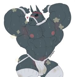 1boy abs animate_inanimate anthro armpit_hair ass bandage bandaged_arm bandaged_neck bara big_muscles big_pecs black_body black_fur blush blush_lines bodily_fluids body_hair bulge camelid closed_eyes clothing dirty_clothing dumbandgreen ears_up epic_games erect_nipples eye_patch eyewear footwear fortnite fur gay genital_fluids half_body heart hi_res jockstrap leaking_precum living_pinata llama lt._john_llama male male_only mammal muscular muscular_anthro muscular_male musk_clouds musky_armpit nipples pecs pinata pink_nipples pinup pose precum precum_through_clothing precum_through_jockstrap pubes raised_arms socks solo sweat sweaty_legs tufted_fur underwear wet wet_clothing white_clothing white_footwear white_socks wool_(fur)