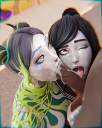 1boy 2girls 3d black_hair collaborative_fellatio cum cum_in_mouth cum_on_face dark-skinned_male dark_skin designer_tsuki fellatio female fortnite holding_balls interracial jtopau robot robot_girl tagme tsuki_(fortnite)