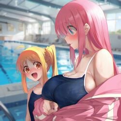 2girls absurdres ahoge big_breasts blonde_hair blue_eyes blue_one-piece_swimsuit blurry blurry_background blush bocchi_the_rock! breast_awe breast_envy breast_size_difference breast_sucking_envy breasts cleavage competition_swimsuit depth_of_field female/female female_only gotou_hitori highres horny huge_breasts ijichi_nijika indoors inkspirate jacket lane_line large_breasts long_hair looking_at_breasts meme multiple_girls one-piece_swimsuit pink_jacket pool poolside shy side_ponytail small_breasts sneaky_pervert sneaky_pervert_woman swimsuit turn_pale wet yuri