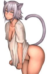 1girls 2019 animal_ears ass big_ass blue_hair blush bottomless breasts cat_ears cat_tail catgirl catgirl_(pepe_(jonasan)) cleavage clothing female female_only green_eyes hair_between_eyes highres leaning_forward looking_at_viewer medium_breasts naked_shirt original pepe_(jonasan) raised_tail shirt shirt_tug simple_background smile solo standing tail thighs white_background white_shirt