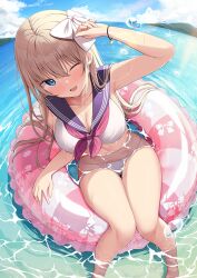1girls breasts female floatie floating hair_bow hair_down hairbow huge_thighs large_breasts light_brown_hair midriff one_eye_closed panties serafuku smile sparkle sparkles thick_thighs water wide_hips