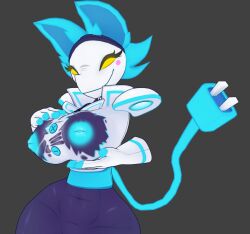 3d belly belly_button big_breasts big_nipples black_legs black_thighs blender_(software) blue_belt blue_fur blue_nipples blue_pussy blush boob_fondling breast_hold breasts cally3d cat_ears catgirl chest clazzey cleavage cord cryptiacurves cute deltarune electronics eyelashes female gloves glowing grey_background hair hi_res hips jacket jacket_open lashes neck nipples no_arms no_bra no_panties pussy ripped_clothing smile tail tasque_manager_(cryptiacurves) tasque_manager_(deltarune) undertale_(series) vagina white_gloves white_skin yellow_eyes