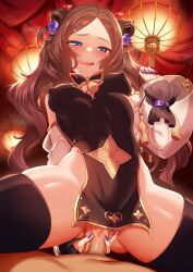 1boy 1girls ass_visible_through_thighs bare_shoulders black_dress black_thighhighs blue_eyes blush breasts brown_hair censored china_dress chinese_clothes cleavage_cutout clothing_cutout covered_nipples cowgirl_position detached_sleeves double_bun dress fate/grand_order fate_(series) female flower forehead gold_trim guided_penetration hair_bun hair_flower hair_ornament hairclip has_uncensored_version highres leonardo_da_vinci_(fate) leonardo_da_vinci_(fate/grand_order) leonardo_da_vinci_(rider)_(fate) licking_lips long_hair looking_at_viewer m-da_s-tarou male_pubic_hair medium_breasts mosaic_censoring nail_polish no_panties open_mouth parted_bangs pelvic_curtain penis pubic_hair purple_nails sex short_dress side_slit smile spread_legs straddling straight sweat tassel thighhighs thighs tongue tongue_out vaginal_penetration variant_set