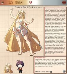 absurdly_long_hair bare_legs blonde_hair breasts creature_index duo eggshell english_text female female_focus front_view generation_2_pokemon hair human humanized_pokemon kinkymation long_hair male open_mouth page_174 page_number pokedex pokemon pokemusu pokephilia profile standing text_box togepi togepy