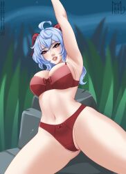 1girls 2023 2d 2d_(artwork) belly_button big_breasts blue_hair blush bra breasts female female_only ganyu_(genshin_impact) genshin_impact horns light-skinned_female light_skin lingerie mihoyo outside panties red_bra red_panties solo tyrana underwear